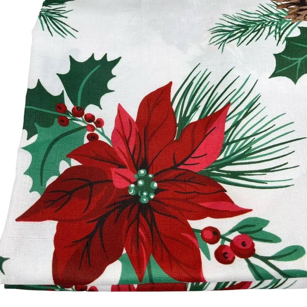 Christmas Shower Curtain Oh Holy Night Poinsettia Pine Hooks New
